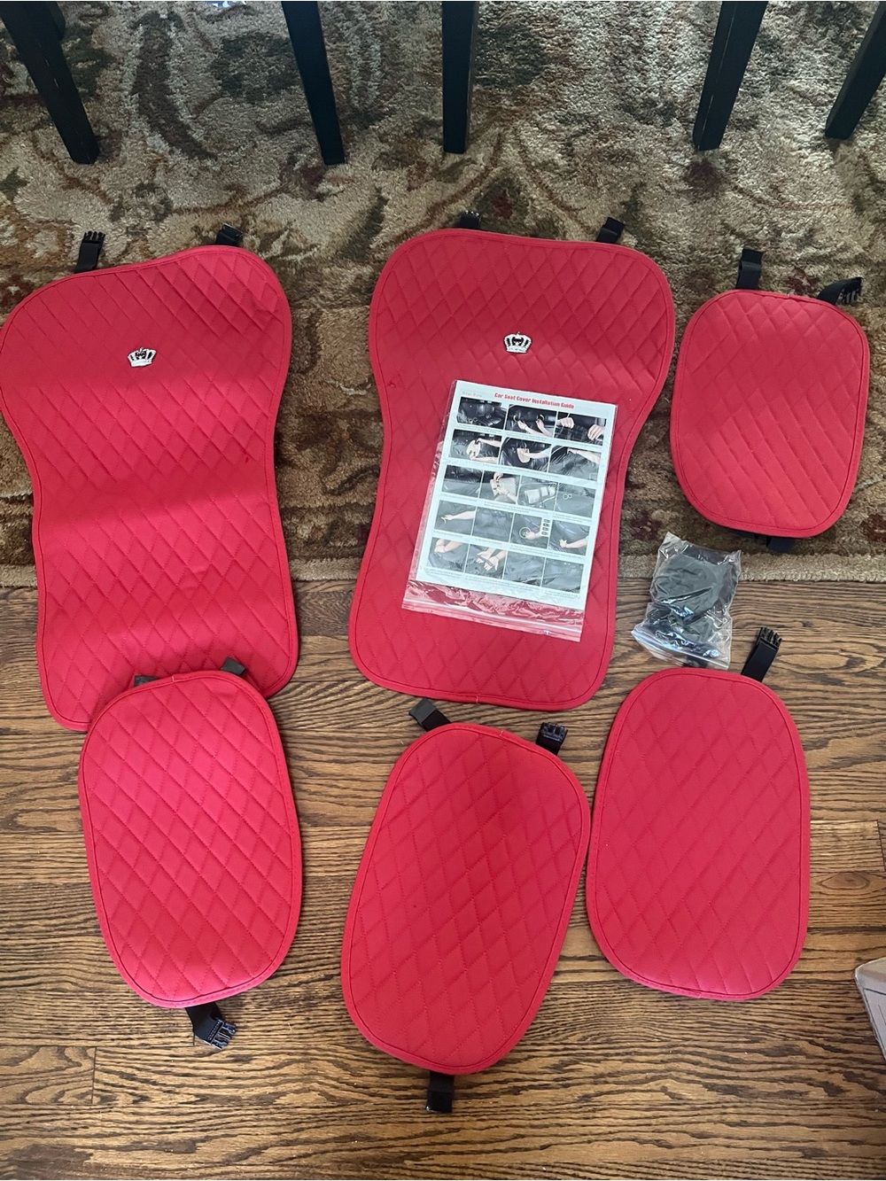 Crown Quilted Red Car Seat Protector Set with Headrest Covers